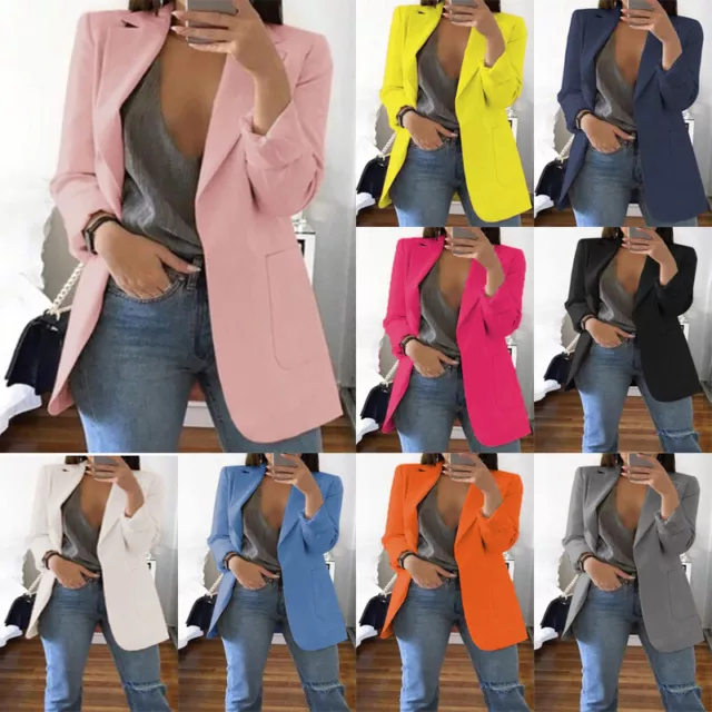 Women's Long Collar Blazer Suit Jacket Ladies Formal Slim Coat Cardigan Outwear/