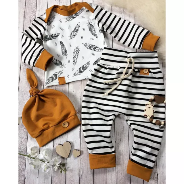 Newborn Baby Boy Girl Feather T shirt Tops Striped Pants Clothes Outfits Set