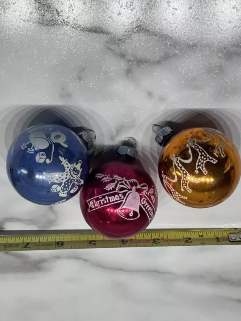 3 Vintage SHINY BRITE Mercury Glass Stencil Christmas Tree Ornaments Box Mica