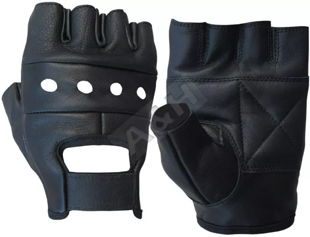 Guantes negros de cuero sin dedos medio dedo para conducir motociclista de motocicleta para hombre