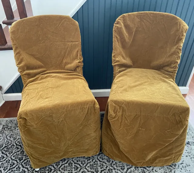 Set Of 2 Pottery Barn Yellow Velvet Tie Armless Dining Chair Slipcovers Cotton
