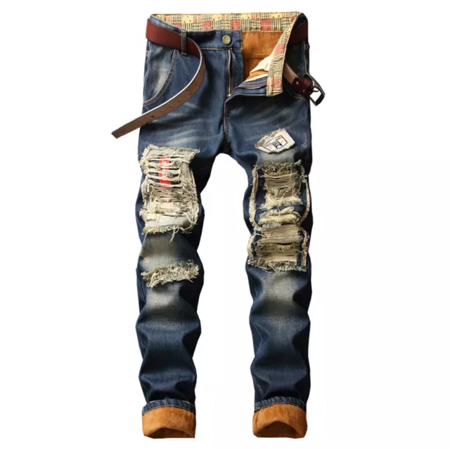 Mens Jeans Casual Stretch Fleeced Trousers Ripped Distressed Skinny Denim Pants