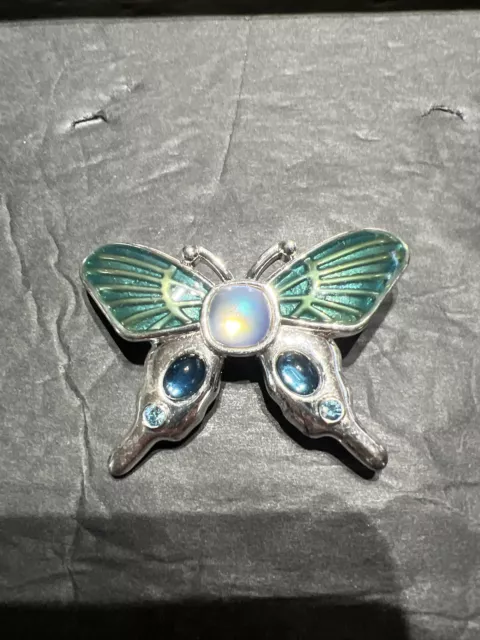 Vintage Signed MONET Butterfly Brooch, Green Enamel Blue Rhinestone Silver Tone