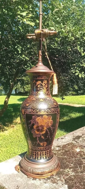 Chinese Qing Dynasty  Black Blaluster Gold Gilt porcelain lamp vintage 32in.