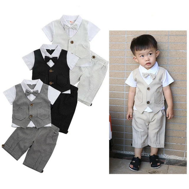 Children Kids Baby Boys Gentlemen Outfits Striped Bowtie Tops+Shorts Clothes Set
