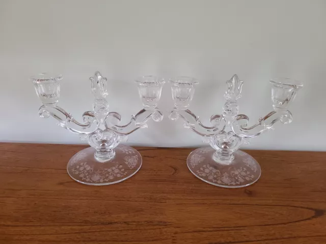 Pair of Vintage Etched Glass Double Taper Candlesticks Candle Holders
