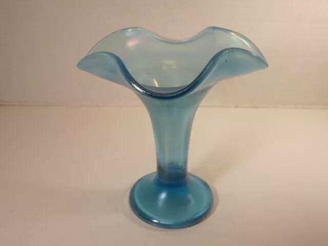 Antique Fenton Celeste Blue Iridescent Square Shaped Top Blue Stretch Glass Vase