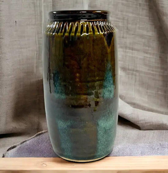 Signed Blue Brown Studio Art Pottery Vase Drip Glaze Ceramic 8” Tall Vintage