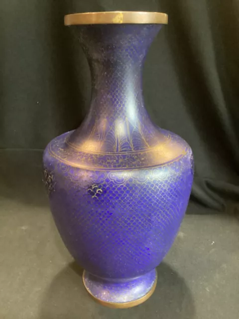 Large 12” Tall Vintage Antique Chinese Cloisonne Vase Monochromatic Blue As Is