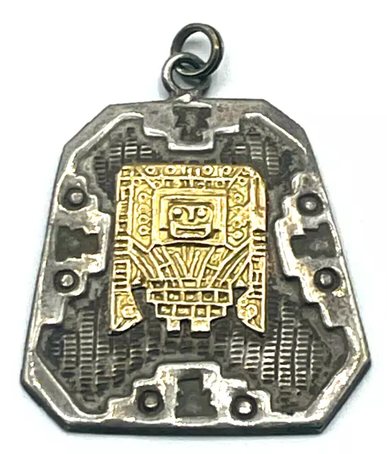 Vintage Sterling Anhänger Silber + 18 K Gold Mexiko Maya Inka Motiv Handarbeit