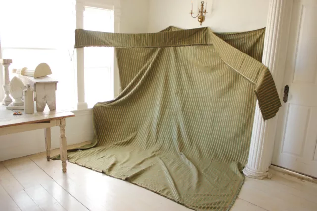 Silk Moire Striped Fabric & Valance Green and Gold French c1900 woven textile