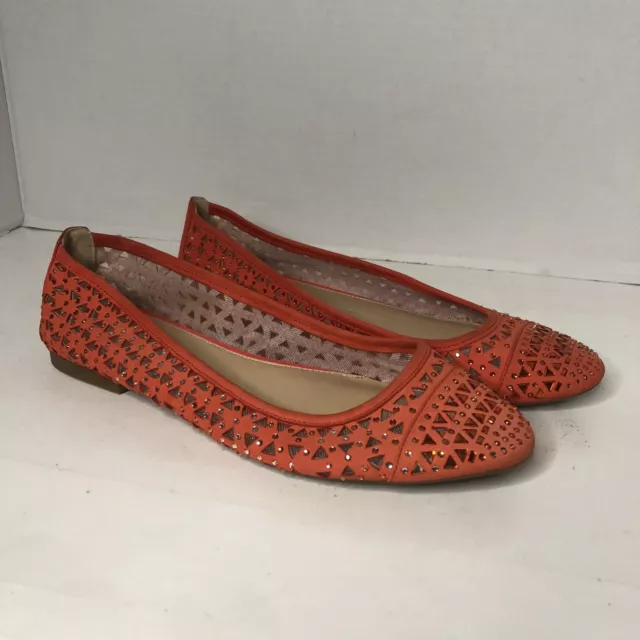 Gianni Bini Ballerina Flats Women's Size 10M Orange Jeweled Laser Cut Leather