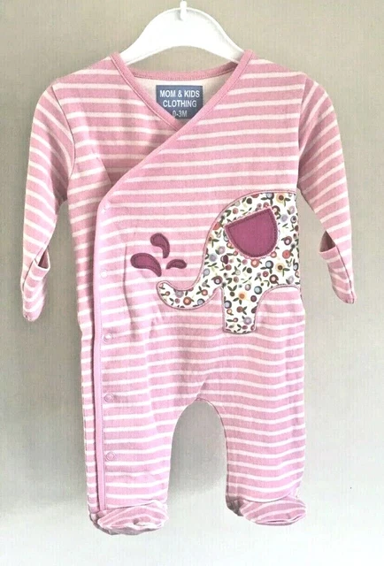 Ex Store Baby Girls Pink Elephant Applique Sleepsuits Babygrow Age 3/6 Mths SALE