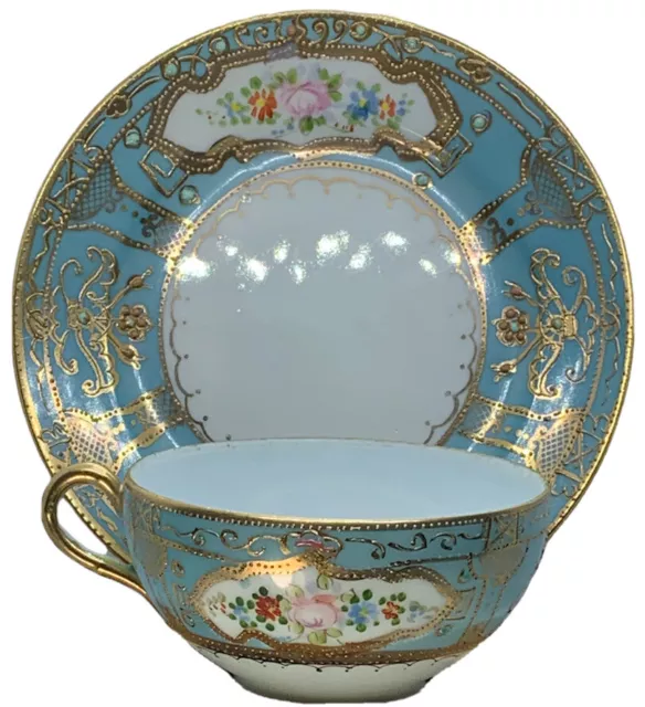 Gilded Age Teacup and Saucer Nagoya Shofu 1891-1920 Gold Blue Enamel Moriage