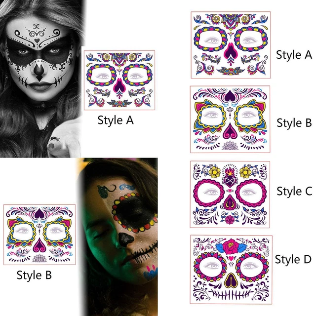 Tatouages Éphémères Halloween Squelette - 10 Feuilles + Strass - Maquillage Facile Pour Déguisement - Acevegue - 7