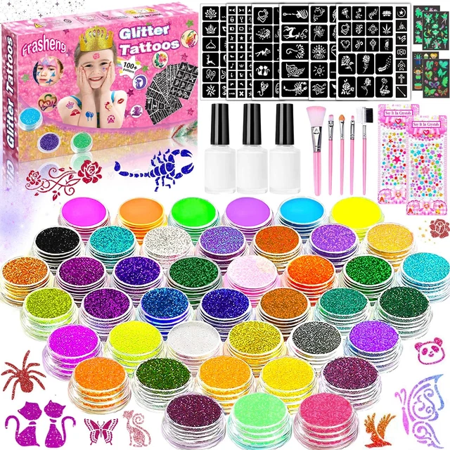 Glitzer Tattoo Set – 24 Glitzerfarben + 6 Fluoreszierende, 105 Schablonen, 5 Pinsel, 2 Kleber