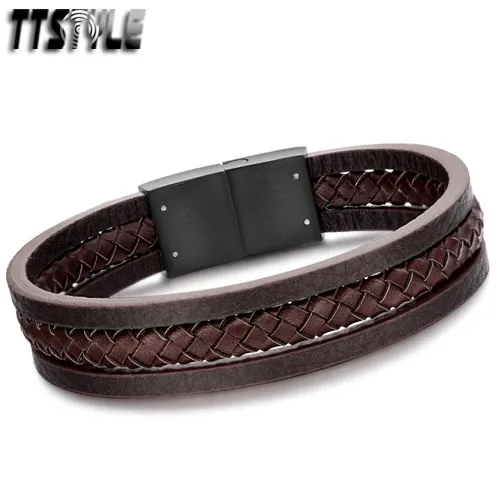 Quality TTstyle Genuine Leather Black Stainless Steel Buckle Bracelet Wristband