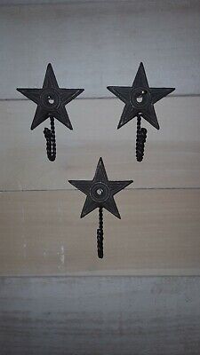 3 SMALL 4"  STAR WALL HOOKS ANTIQUE STYLE CAST IRON Western Rustic Cabin Decor