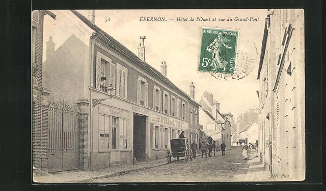 CPA Épernon, Hôtel de l´Ouest et rue du Grand-Pont 1908