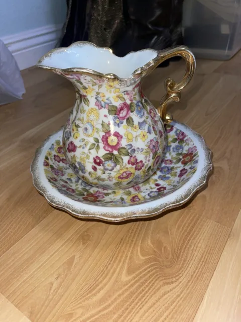 Lefton China Hand painted porcelain Pitcher and bowl set, chintz floral pattern