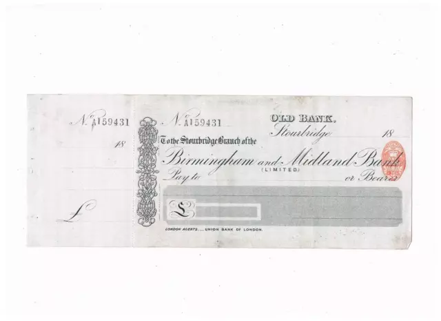 Birmingham & Midland Bank, Stourbridge, 19th Century Unused Cheque