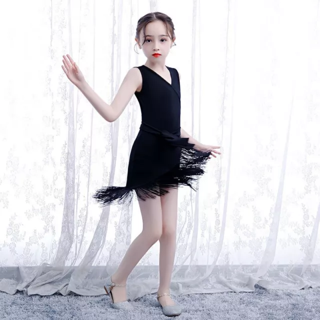 Girl Kid Children Latin Dance Dress Salsa Tango Sleeveless Tassel Dancewear Sexy