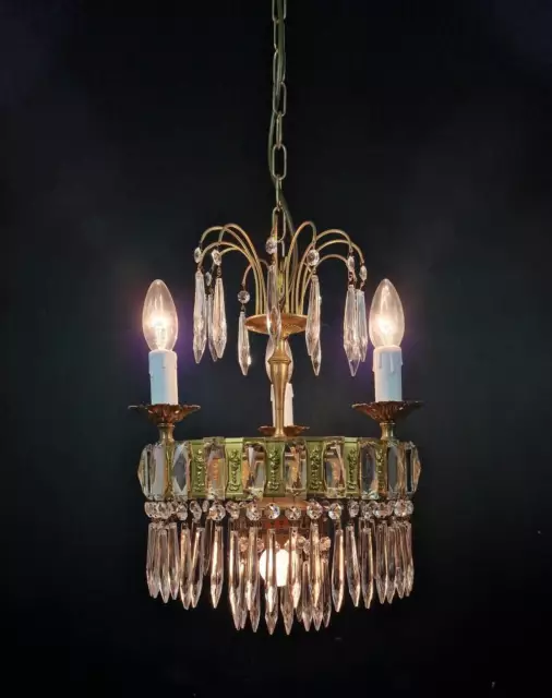 Beautiful Vintage Italian Waterfall Crystal 3 Arm 4 Light Brass Chandelier Light 2
