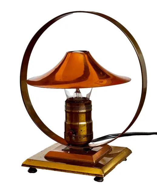 Art Deco Machine Age Copper Brass Hoop Ring Desk Table Lamp Light Nessen Vtg Mcm