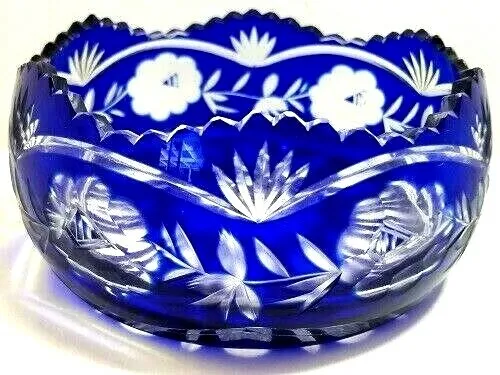 Vintage Czech Bohemian Cobalt Blue Glass Cut to Lead Crystal Saw Tooth Bowl