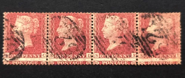 GB Queen Victoria Penny Red SG.39 Pl.62 Used Stripe Of 4 Major Perf. Shift VF