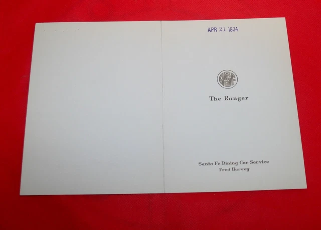 April 21, 1934 - ATSF The Ranger Fred Harvey Dining Car Menu