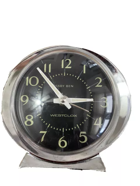 Vintage Westclox Baby Ben Alarm Clock Black Silver Trim Shelf Style Wind Up Glow