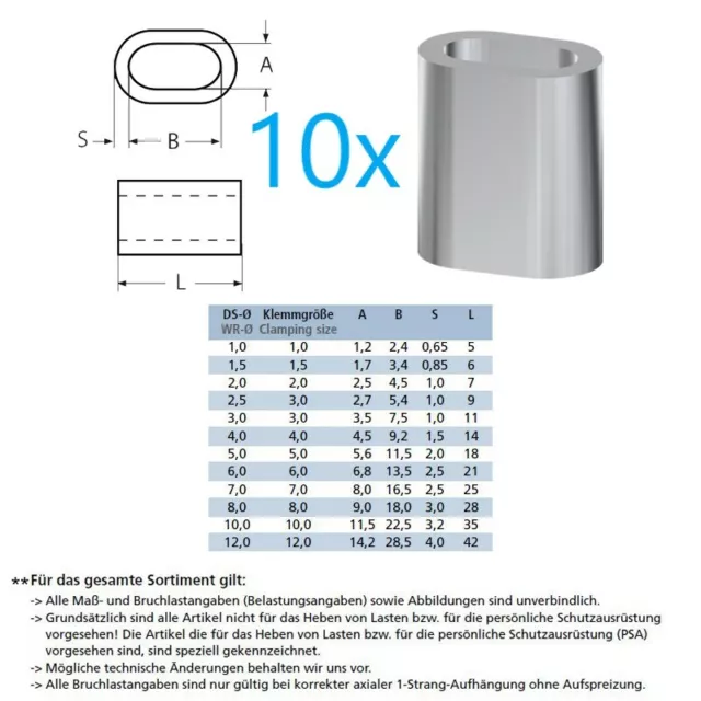 10x VA A4 Inox Presse Pince Attache Embouts Câble de Traction Serre-Câble