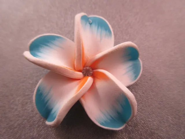 Hawaii Plumeria Flower Polymer Clay w/ Rhinestone 40mm Blue/White Pendant 1pc
