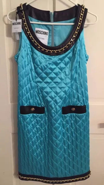 $3595 MOSCHINO COUTURE Jeremy Scott Turquoise Quilted Barbie Satin Dress Leather 3