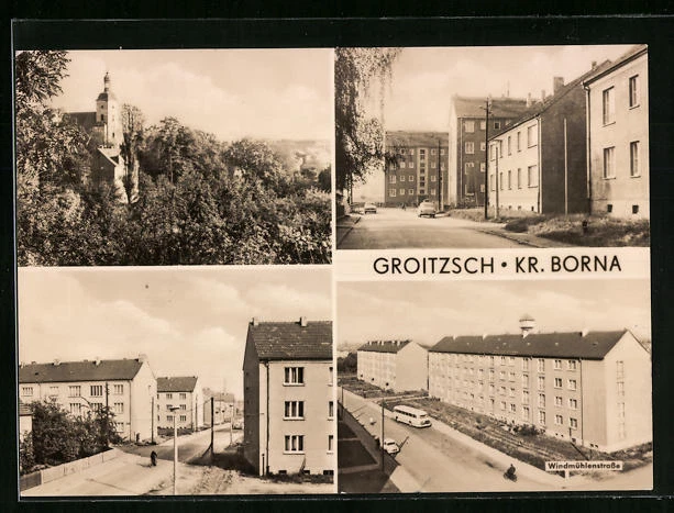 AK Groitzsch /Kr. Borna, Straßenpartien mit Neubauten, Kirche