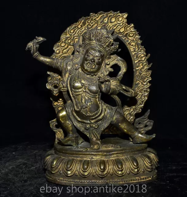 10 " Old Tibet Buddhism Bronze Gilt Mahakala Wrathful Deity Buddha Lotus Statue