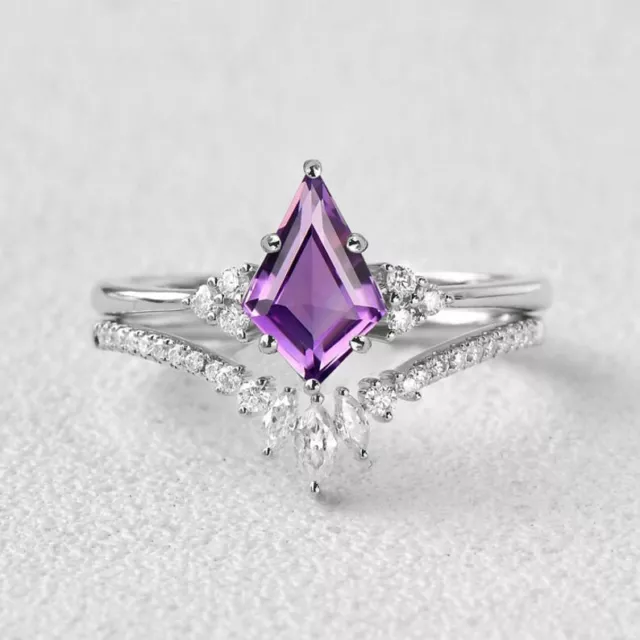 14K White Gold Solid Amethyst Ring For Women Moissanite Studded Band Vintage Set