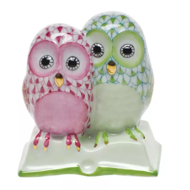 Herend,  Pair Of Owls On Book, Key Lime & Pink Fishnet, Brand New, Mint & Box!