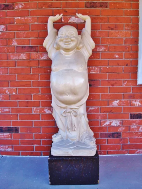 Almost Life-size Ho-Tai Hotei Budai Laughing Buddha Plaster(?) Statue on a Stand
