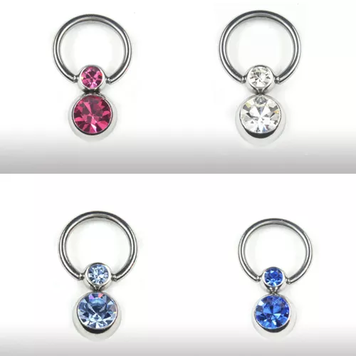 TITAN PIERCING Ring mit Kristall Doppel Kugel 5+8mm Intim Schmuck Brust Klitoris
