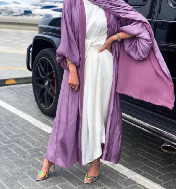 Muslim Women Dubai Abaya Satin Maxi Dress Kaftan  Islam Ramadan Party Robe