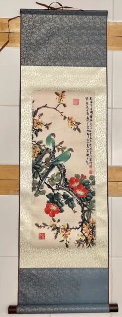 Vintage Original Signed Chinese Asian Silk Landscape Art Watercolor Painting 40”