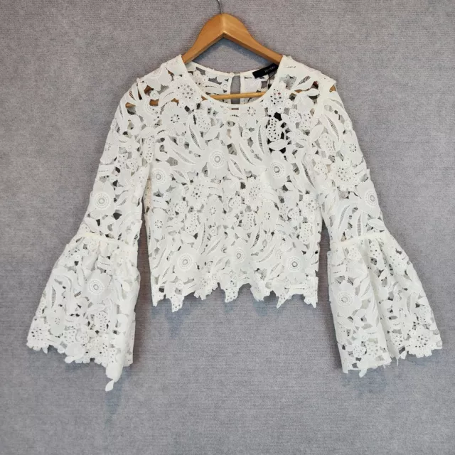 Decjuba Top Blouse Womens Size 8 White Floral Lace Sheer Long Sleeve Cropped NEW