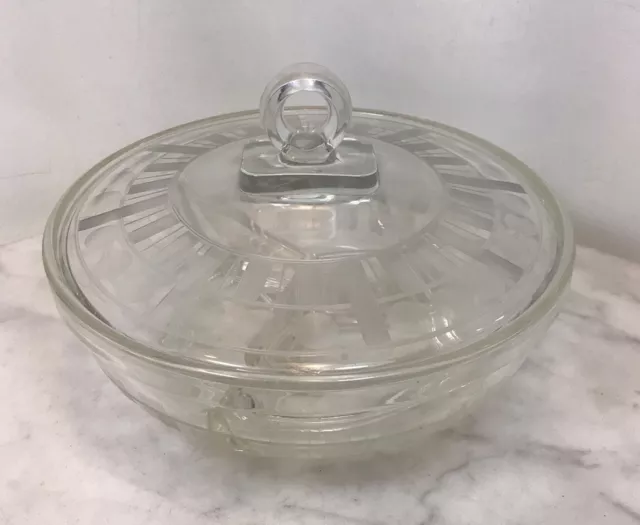Vintage Clear Glass Art Deco Etched Candy Nut Relish Dish W/ Lid 3 Compartments