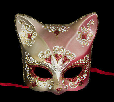 Mask from Venice Cat Golden Florale Heart Red Painted Handmade Italy 22638