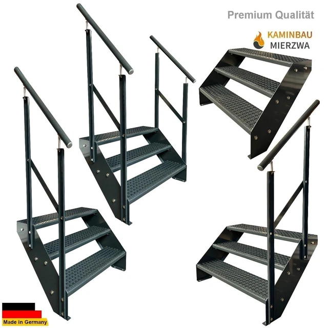 Premium Treppe 3 Stufen Anthrazit Breite 60-140cm H: 57cm Außentreppe Geländer