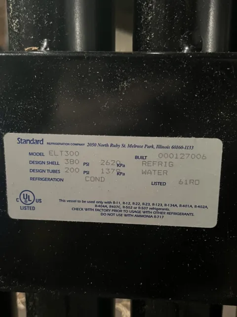 Standard Refrigeration Company ELT300 Water Cooled Condenser