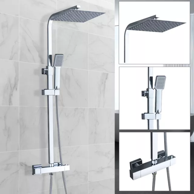 Bathroom Thermostatic Exposed Shower Mixer Twin head Large Square Bar Set Chrome