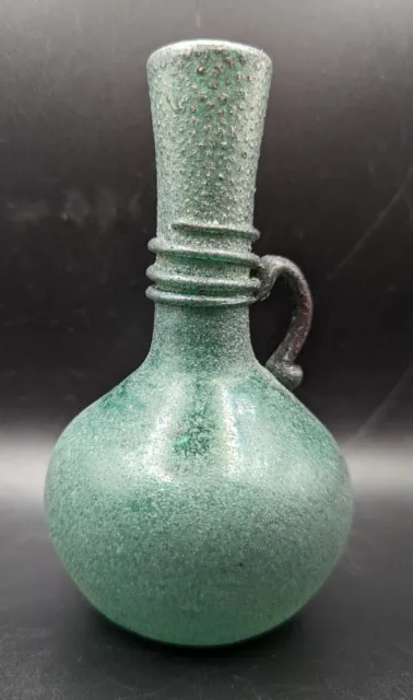 Small Green Scavo Texture Art Glass Vase With Black Threading And Applied Handle